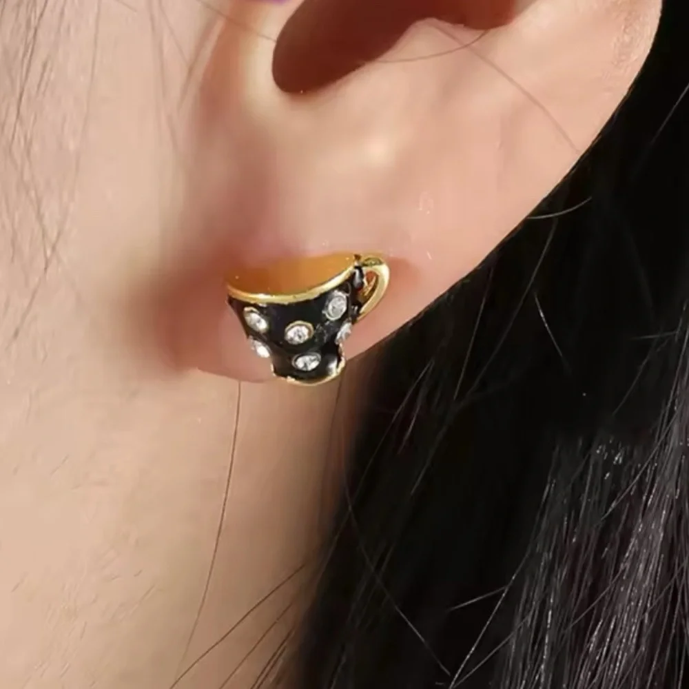 Alice In Wonderland Gold Enameled Black & White Teapot & Teacup Stud Earrings - Picture 4 of 10